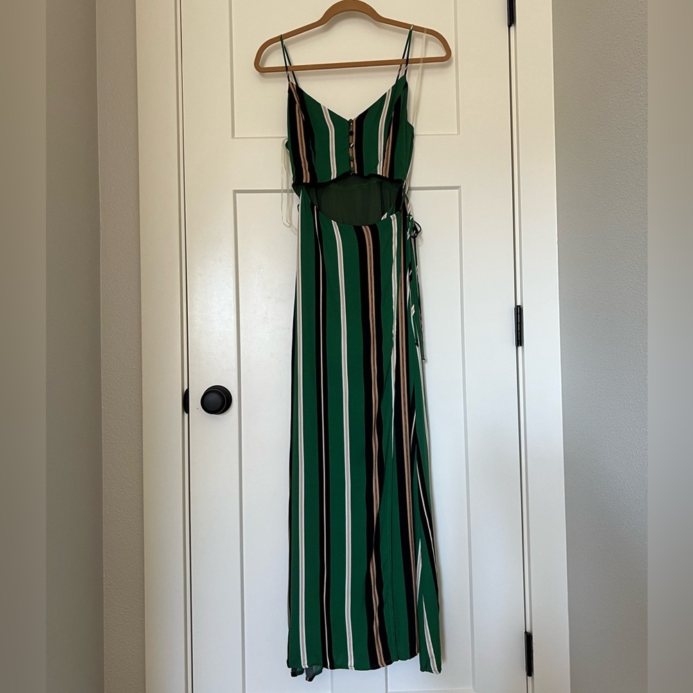 Lush Green and Black Striped Wrap Cut Out Tie Button Maxi Dress